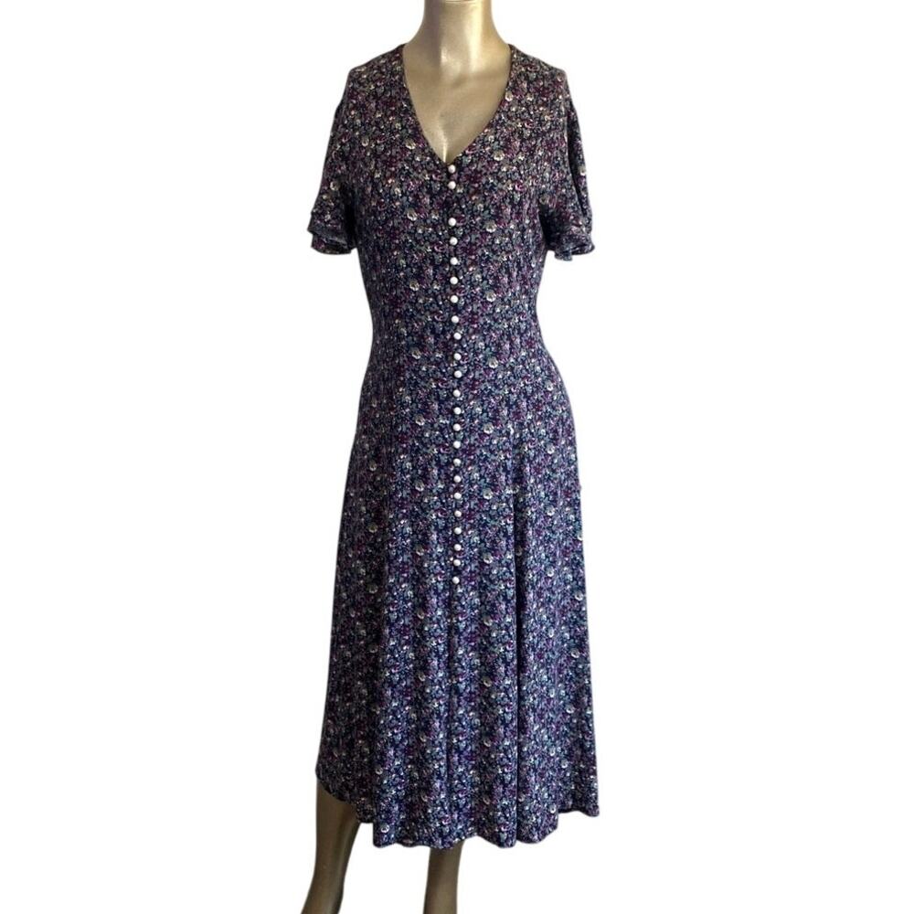 Vintage DBY Ltd Floral Rayon Midi Dress Size 5 Button Front Lace Back Grunge 90s